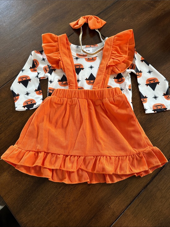 Other - Orange Ruffle Suspender Skirt Set with Halloween Print Top